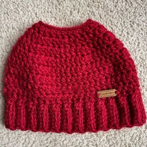 Red Handmade Beanine - Messy Bun Beanie